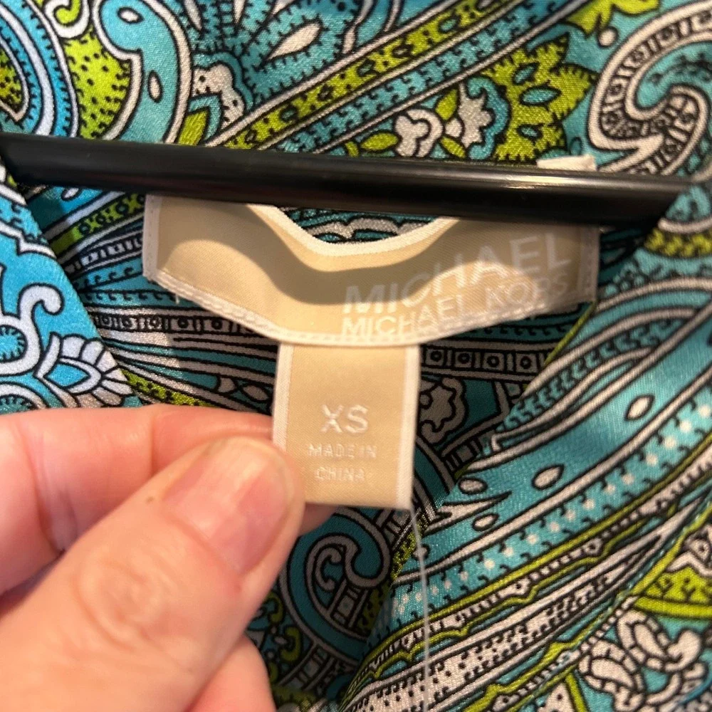 Michael Kors Turquoise Paisley‎ Print Roll Tab Sleeve Green Shirt XS MSRP $89
